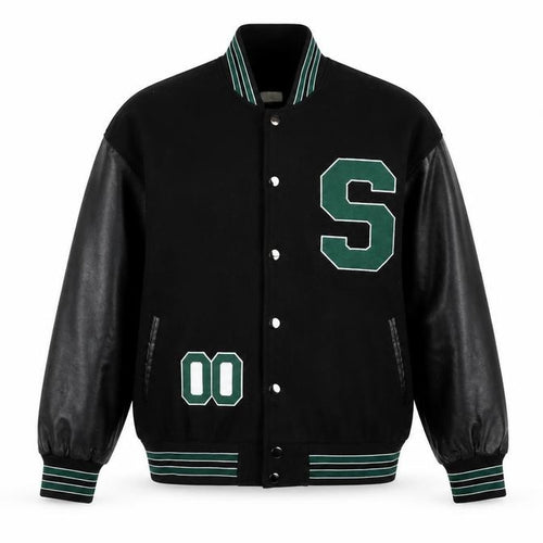 STYLE GANG Men's Black Varsity Jacket L Wool & Faux Leather Retro