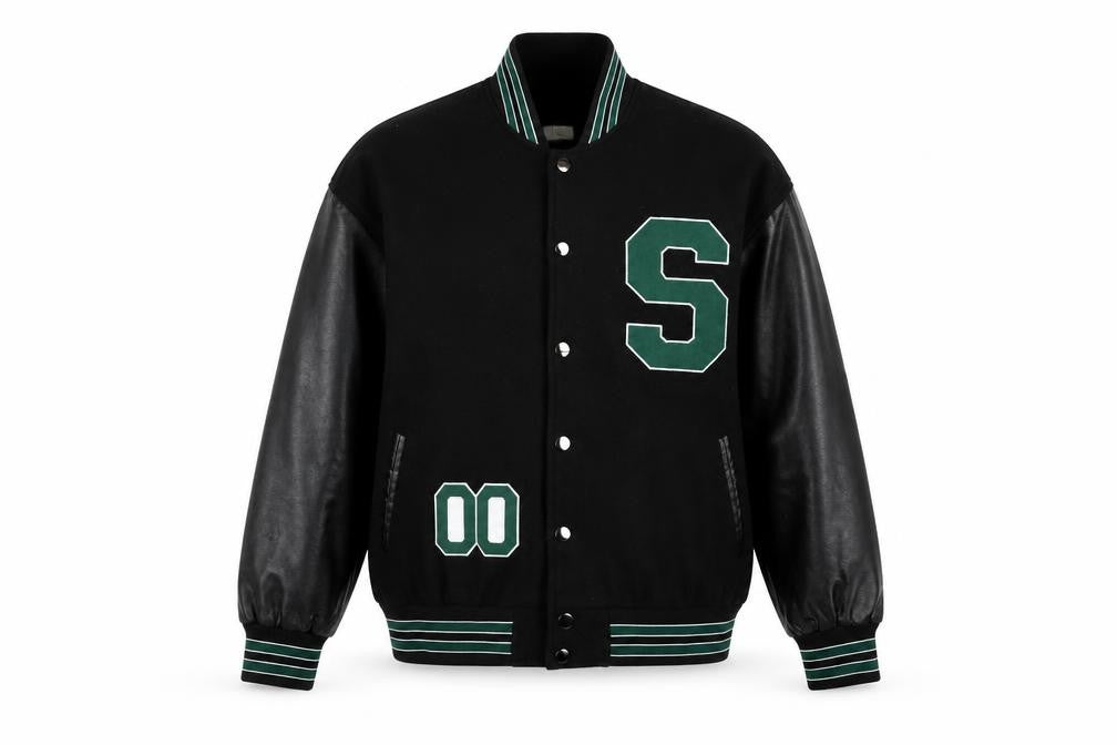 STYLE GANG Men's Black Varsity Jacket L Wool & Faux Leather Retro