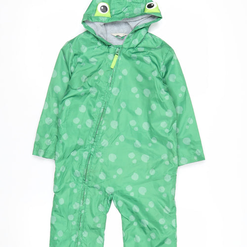 John Lewis Boys Green Polka Dot Hooded Rain Snowsuit 2-3 Years Waterproof