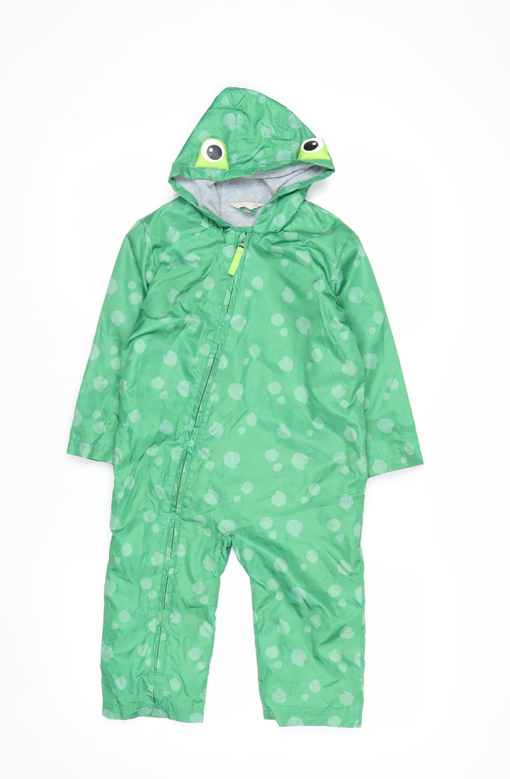 John Lewis Boys Green Polka Dot Hooded Rain Snowsuit 2-3 Years Waterproof