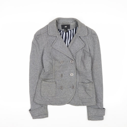 H&M Women's Grey Cotton Blend Double Breasted Blazer Jacket Size 8