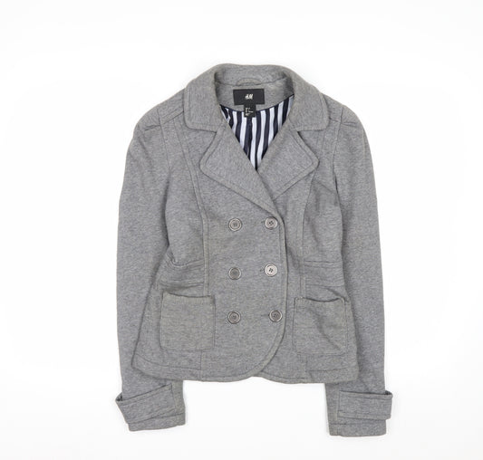 H&M Women's Grey Cotton Blend Double Breasted Blazer Jacket Size 8