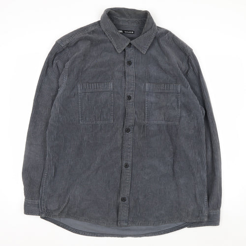 Zara Womens Grey Corduroy Button-Up Shirt Size 14 Long Sleeve