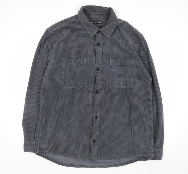 Zara Womens Grey Corduroy Button-Up Shirt Size 14 Long Sleeve
