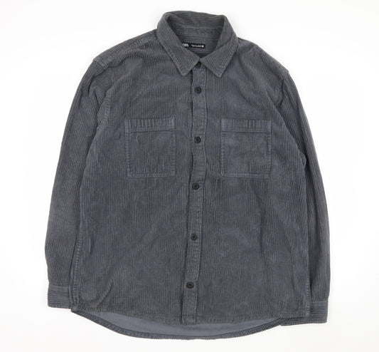 Zara Womens Grey Corduroy Button-Up Shirt Size 14 Long Sleeve