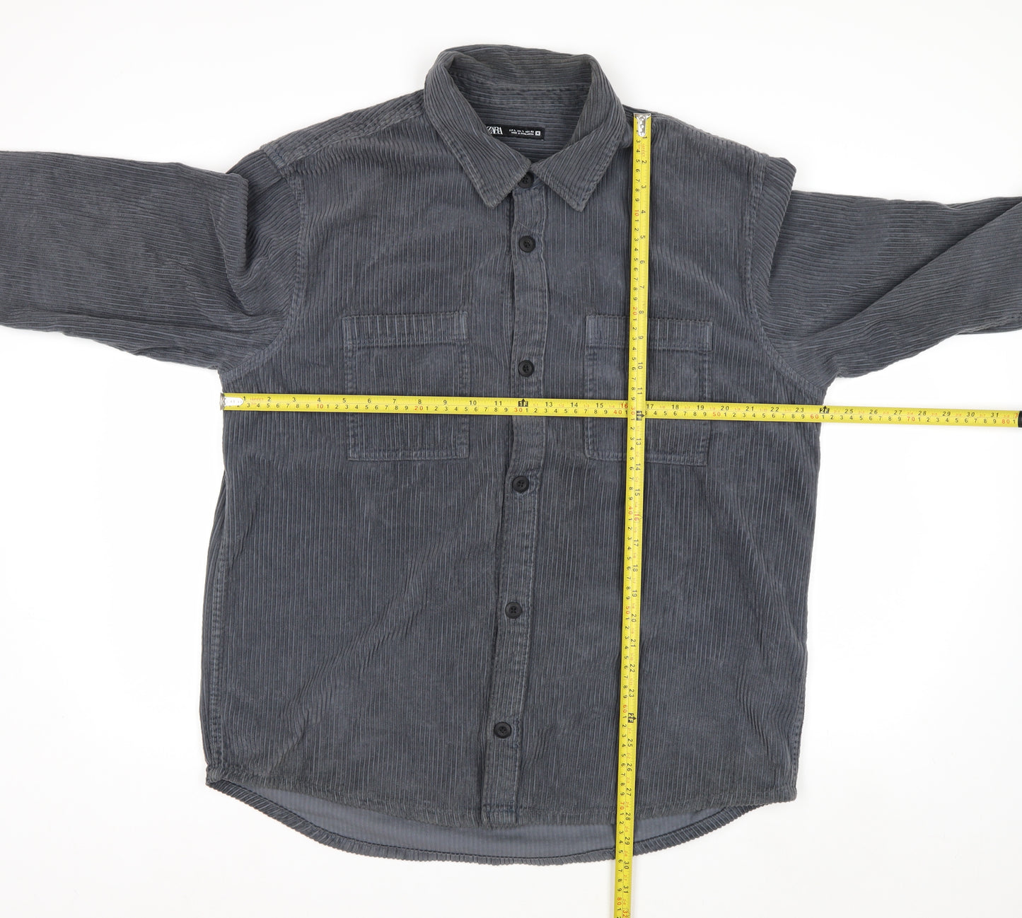 Zara Womens Grey Corduroy Button-Up Shirt Size 14 Long Sleeve