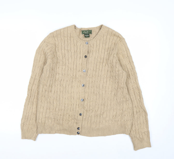 Eddie Bauer Women’s Beige Cable-Knit Cardigan Petite L Cotton Blend