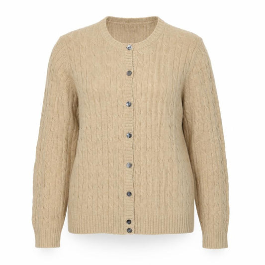 Front view of Eddie Bauer Women’s Beige Cable-Knit Cardigan Petite L Cotton Blend