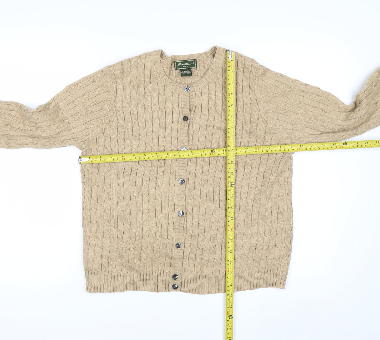 Eddie Bauer Women’s Beige Cable-Knit Cardigan Petite L Cotton Blend