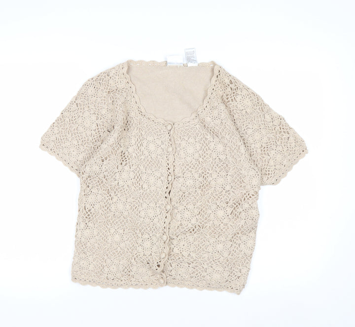 Jaclyn Smith Women Beige Crochet Cardigan Short Sleeve S