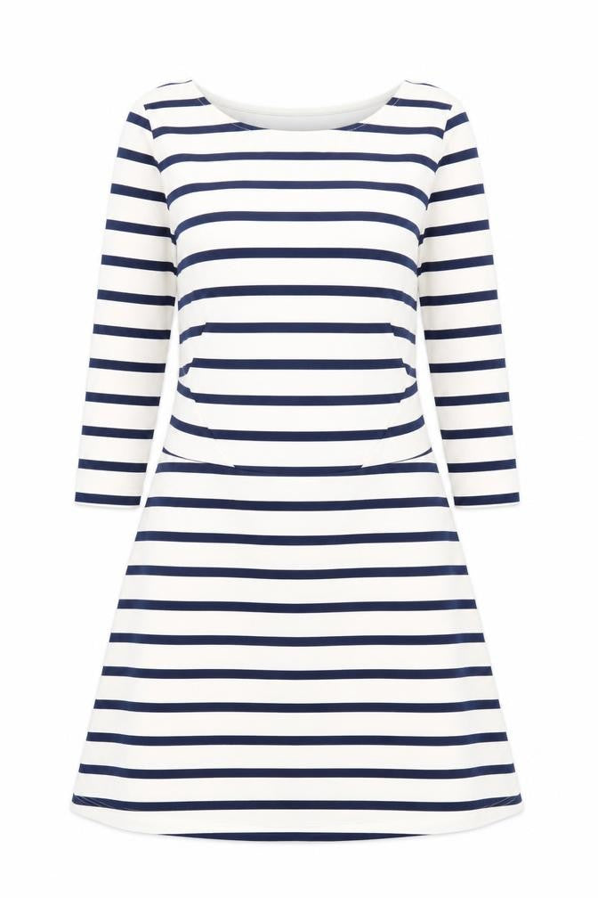Front view of H&M Women’s Multicoloured Striped A-Line Dress, size UK 8