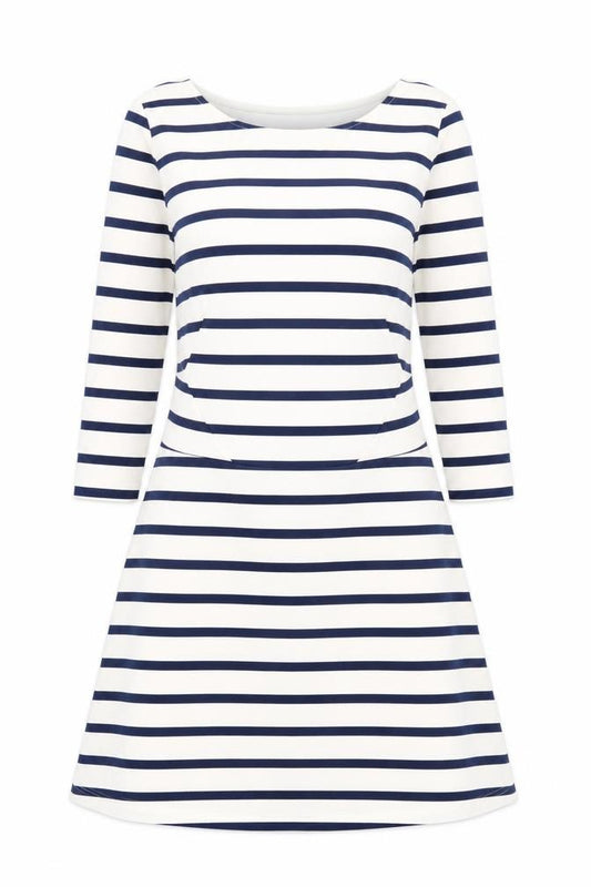 Front view of H&M Women’s Multicoloured Striped A-Line Dress, size UK 8