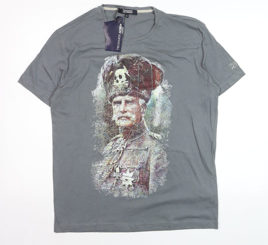 Trussardi Action Men's Grey Graphic Military Art Cotton T-Shirt M