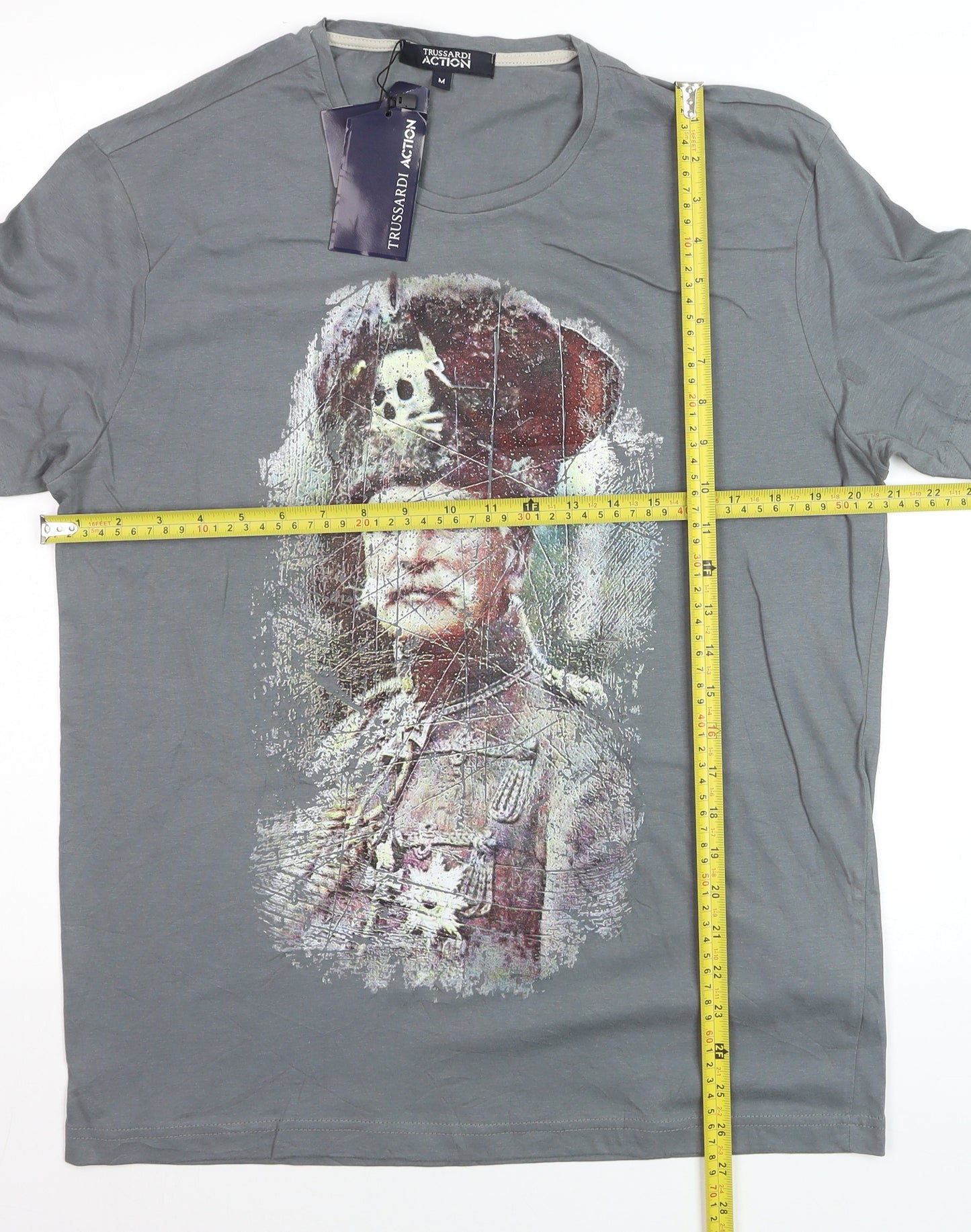 Trussardi Action Men's Grey Graphic Military Art Cotton T-Shirt M