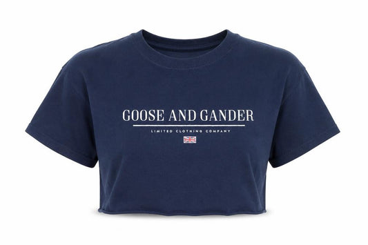 Front view of Goose and Gander Women's Blue Cropped Cotton T-Shirt, size S
