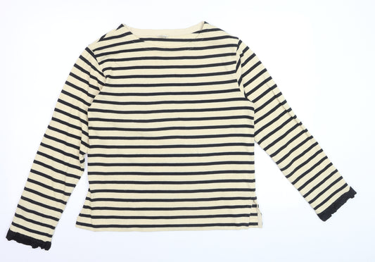 Jigsaw Women Beige Striped Long Sleeve Cotton Boat Neck Top S