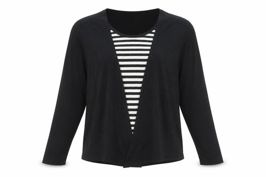 Front view of Asoy Women Black, size 14, Cardigan with Striped Mock Insert