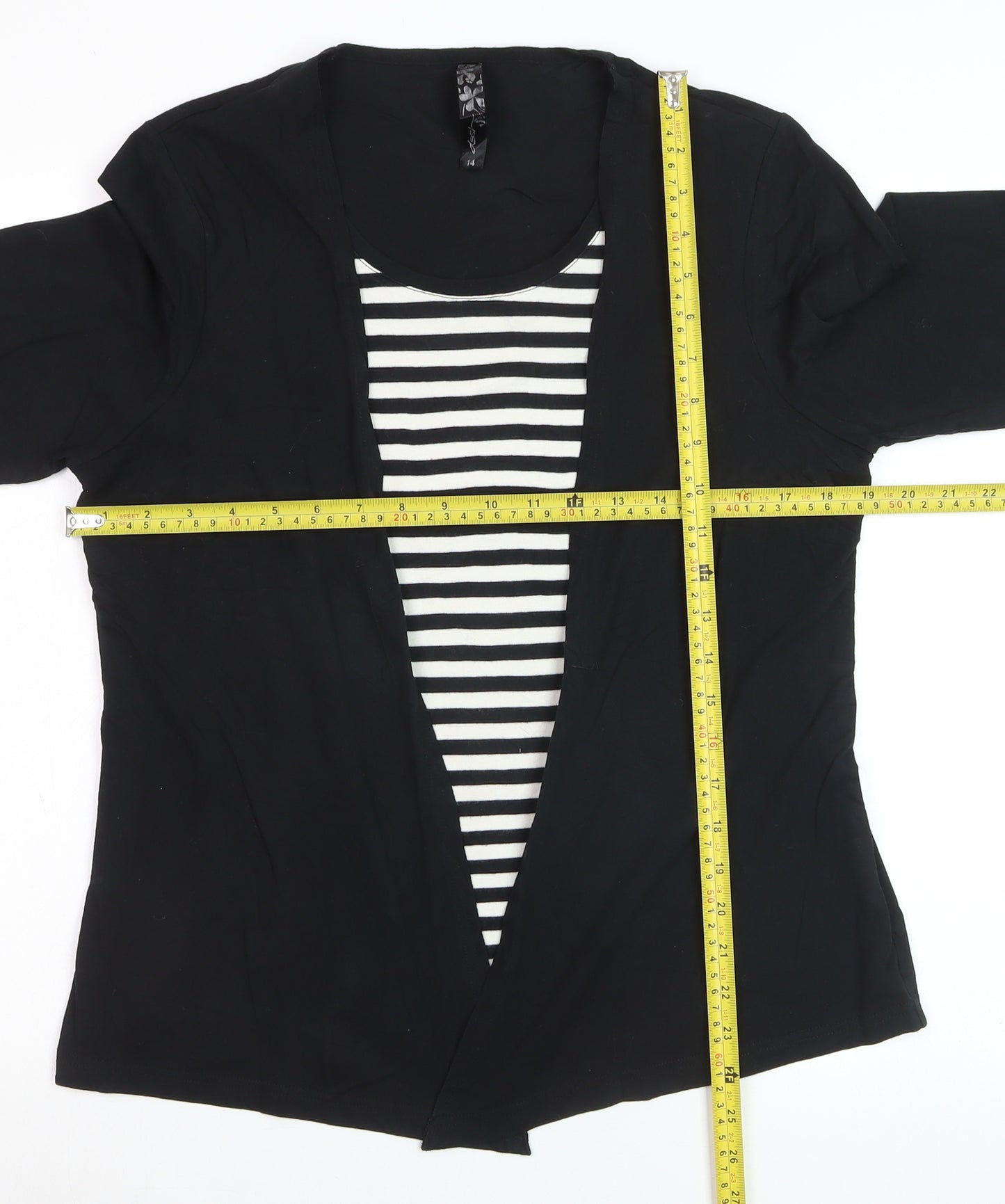 Asoy Women Black Size 14 Cardigan with Striped Mock Insert
