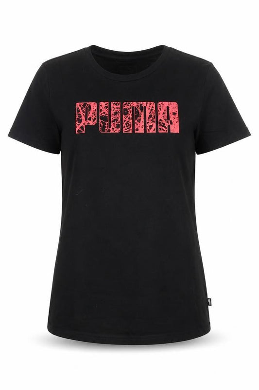 Front view of Puma women’s black crew neck short sleeve basic t-shirt, size UK 10