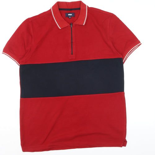 Max Men's Red and Navy Colourblock Short Sleeve Polo Shirt M