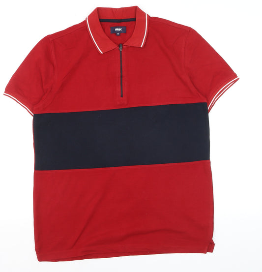 Max Men's Red and Navy Colourblock Short Sleeve Polo Shirt M