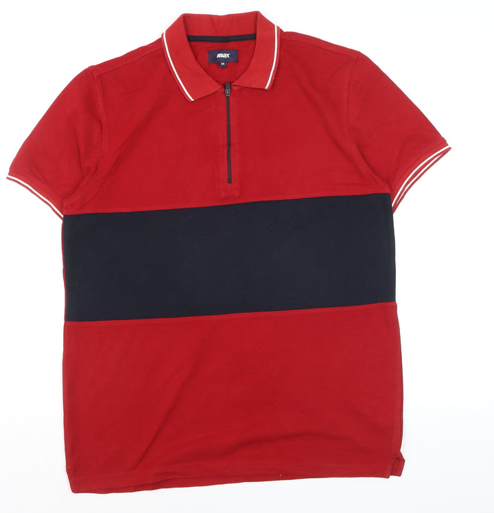 Max Men's Red and Navy Colourblock Short Sleeve Polo Shirt M