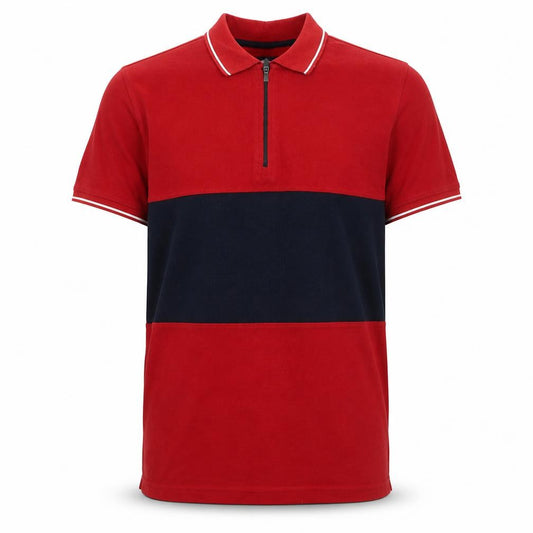 Front view of Max Men's Red and Navy Colourblock Short Sleeve Polo Shirt M