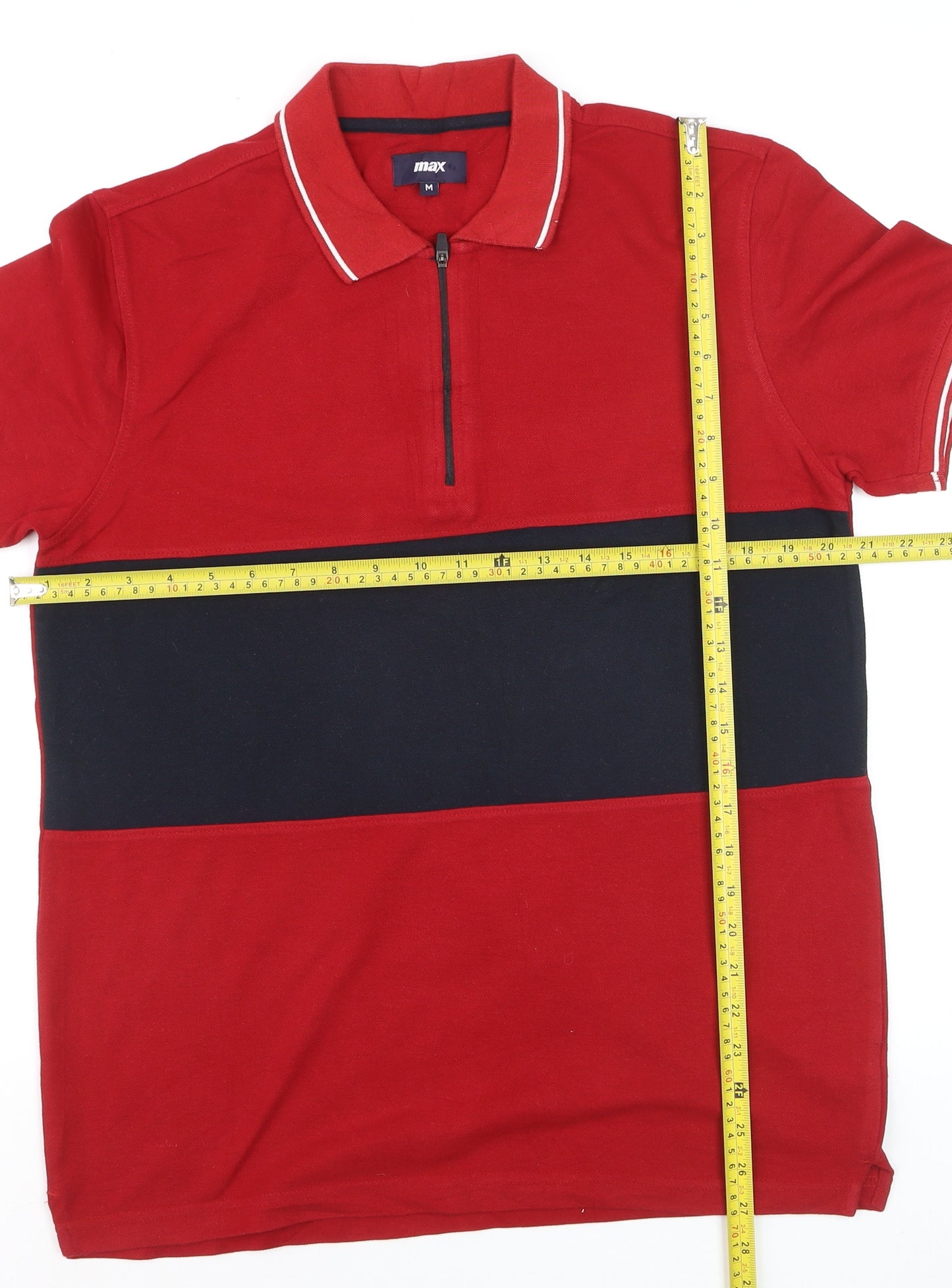 Max Men's Red and Navy Colourblock Short Sleeve Polo Shirt M