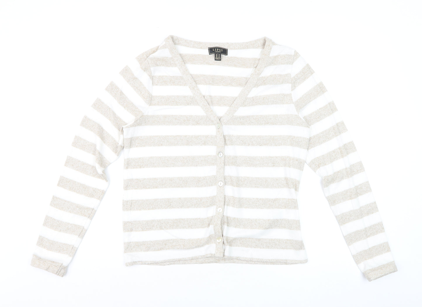 Lipsy Women’s Beige White Striped Cardigan UK 12 V-Neck Knit