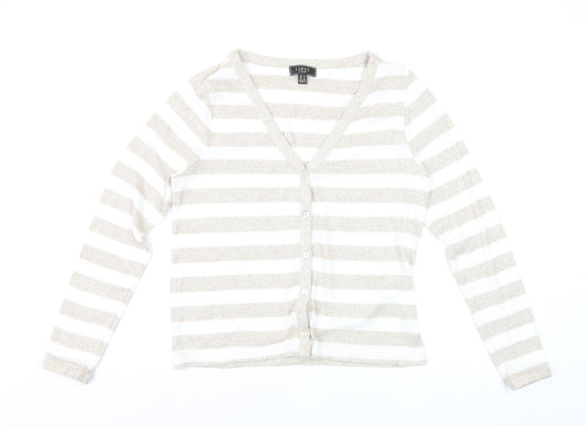 Lipsy Women’s Beige White Striped Cardigan UK 12 V-Neck Knit