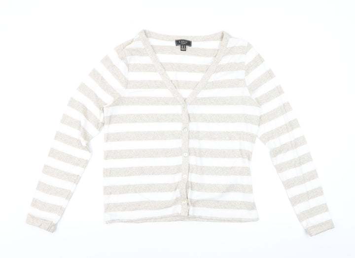 Lipsy Women’s Beige White Striped Cardigan UK 12 V-Neck Knit
