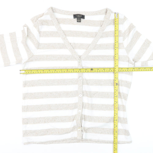 Lipsy Women’s Beige White Striped Cardigan UK 12 V-Neck Knit