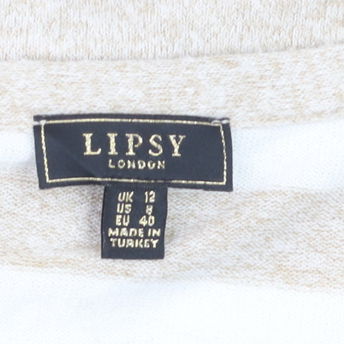 Lipsy Women’s Beige White Striped Cardigan UK 12 V-Neck Knit