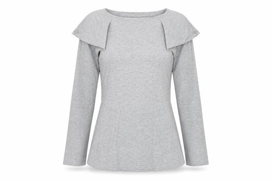 Front view of Karen Millen women’s grey long sleeve boat neck slim fit blouse, size UK 8