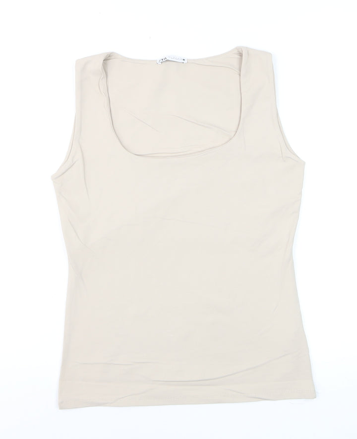 Zara Women Beige Sleeveless Stretch Tank Top L