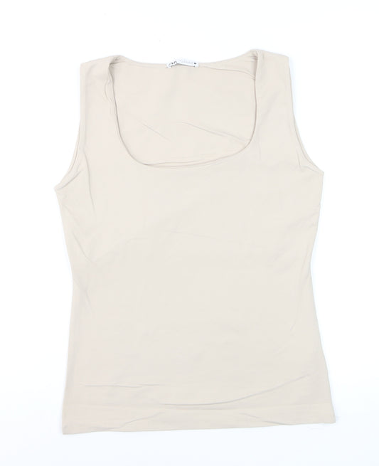Zara Women Beige Sleeveless Stretch Tank Top L