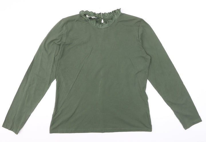 Baukjen Women’s Green Lace Trim High Neck Long Sleeve Cotton Blouse UK 14