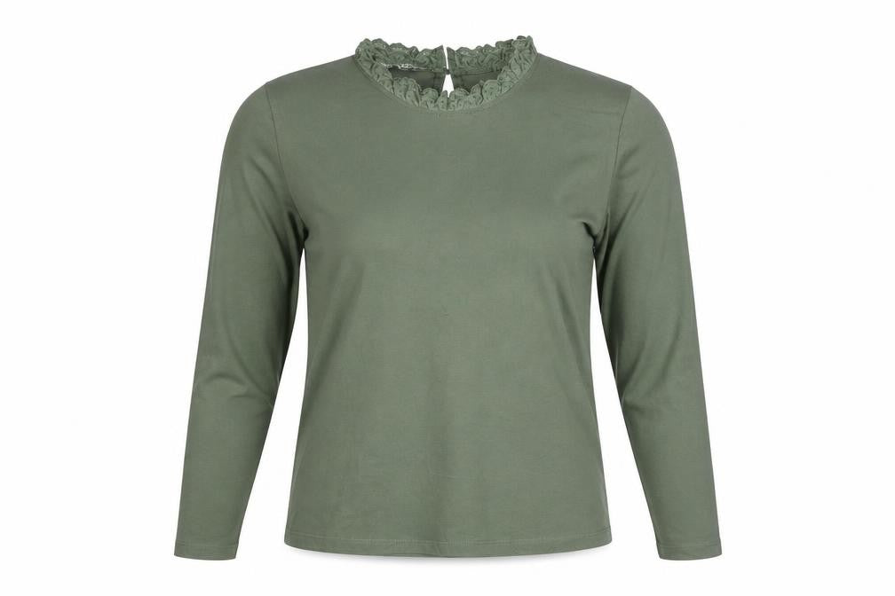 Baukjen Women’s Green Lace Trim High Neck Long Sleeve Cotton Blouse UK 14