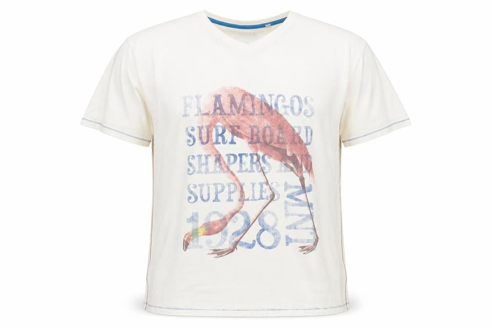 Mantaray Men's Beige Flamingo Graphic V-Neck Cotton T-Shirt 2XL
