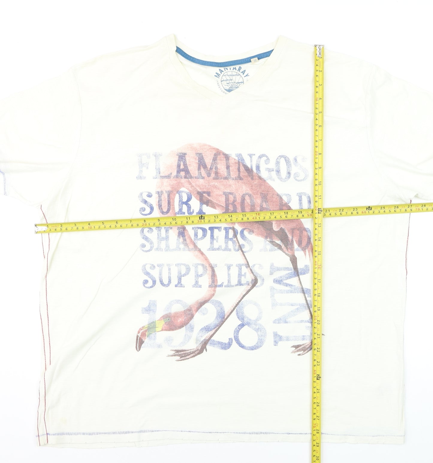 Mantaray Men's Beige Flamingo Graphic V-Neck Cotton T-Shirt 2XL