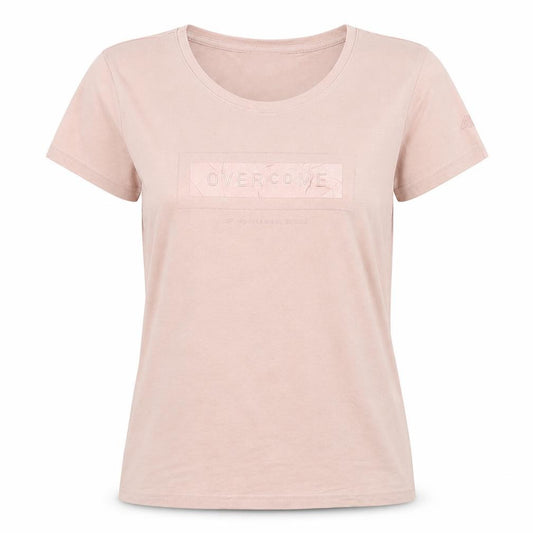 Front view of 4F Women's Beige Short Sleeve Cotton T-Shirt, size M, Basic Crew Neck