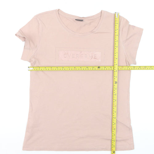 4F Women's Beige Short Sleeve Cotton T-Shirt Size M Basic Crew Neck