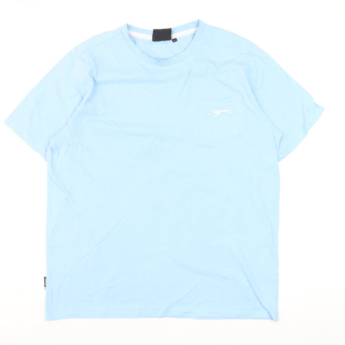 Slazenger Men Blue Cotton Polo L Short Sleeve Crew Neck