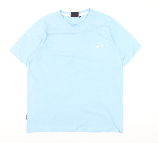 Slazenger Men Blue Cotton Polo L Short Sleeve Crew Neck