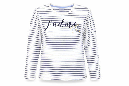 Front view of Principles Women’s White Striped Long Sleeve Cotton T-Shirt, size UK 12