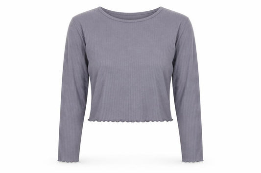 Front view of Missguided women’s grey, size UK 12, cropped long sleeve ribbed top