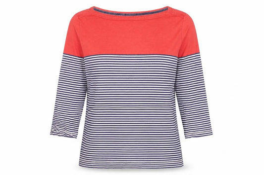 Front view of Joules women’s multicoloured striped 3/4 sleeve cotton t-shirt, size UK 12