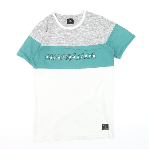 St Goliath Men's Grey and Green Colourblock Graphic T-Shirt Size S