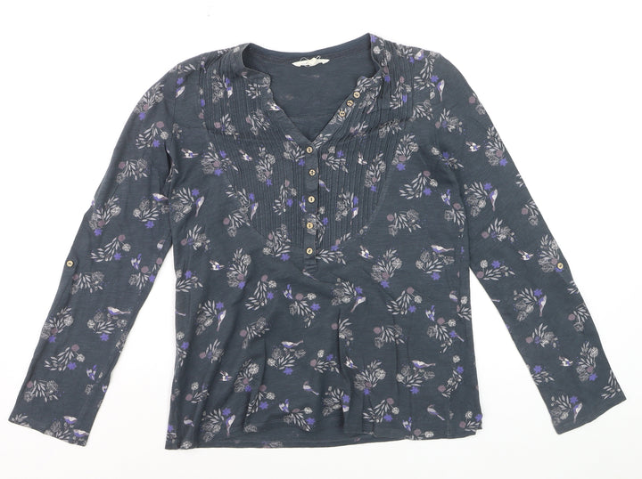 White Stuff Womens Blue Floral Long Sleeve Cotton Tunic Blouse Size 10