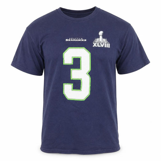 Front view of NFL Team Apparel Men’s Blue Seahawks #3 Graphic T-Shirt, size L